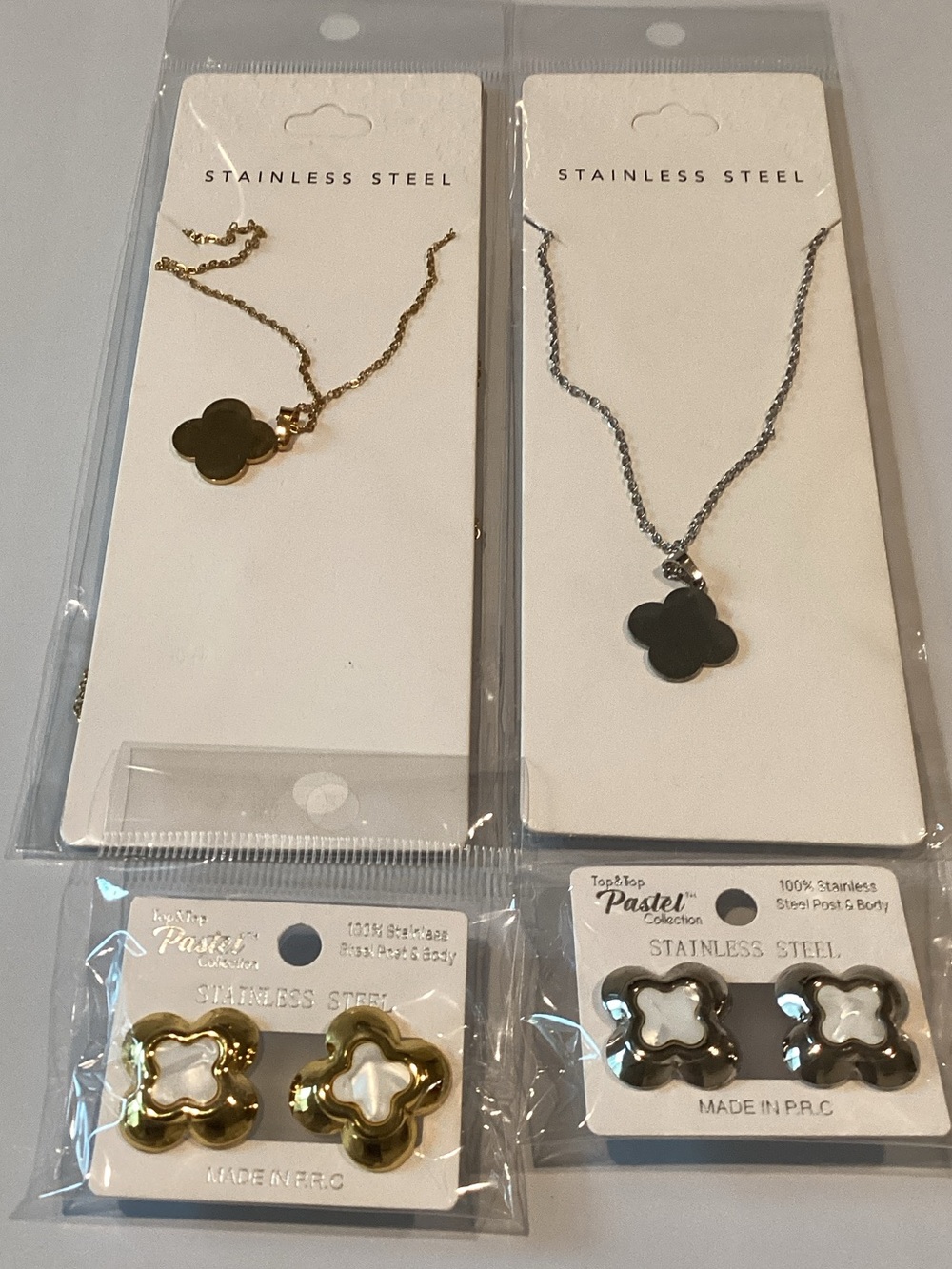 Stainless Steel Clover Pendant Necklace and Earrings Set - Gold & Silver